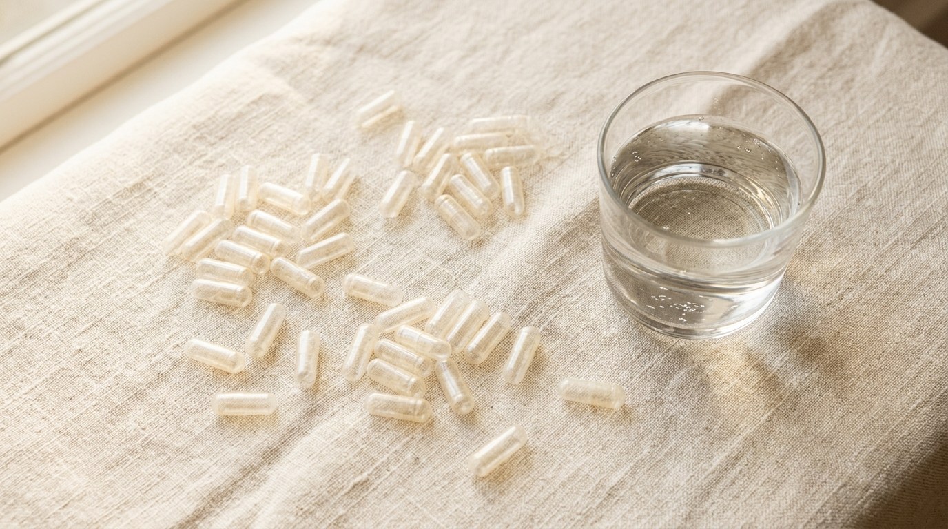 Translucent vegetable capsules on a linen surface — Dynamic Joint's two-capsule daily serving