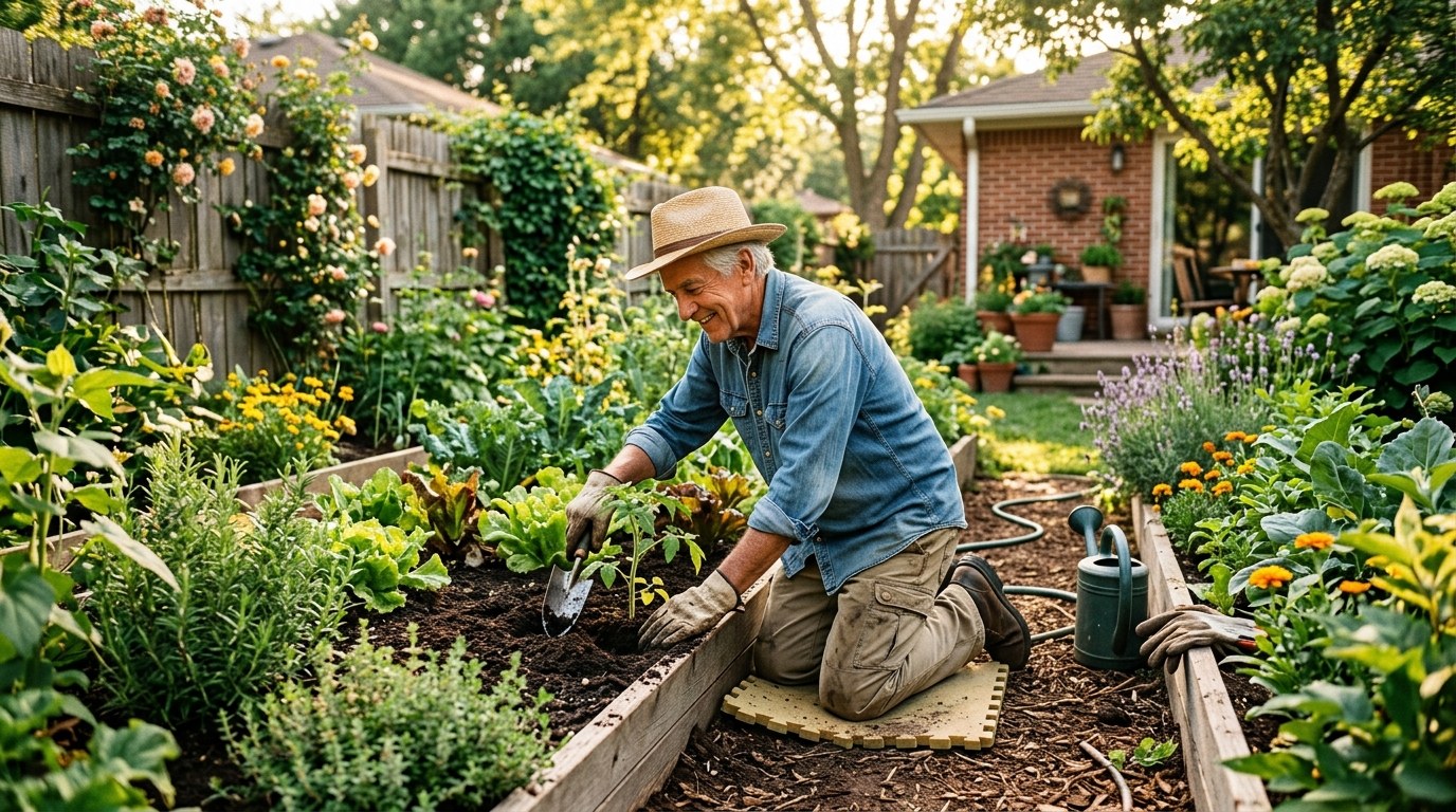 Man gardening comfortably in a sunny backyard — everyday activities that good joint support may help sustain