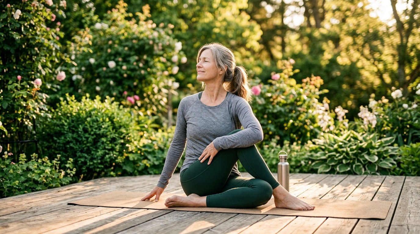 Active woman doing gentle morning yoga outdoors — the kind of easy movement that consistent joint support may help maintain