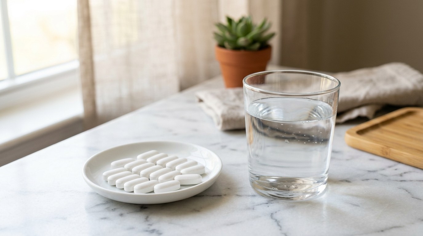 White joint support caplets beside a glass of water — three caplets daily is the standard TriFlex protocol